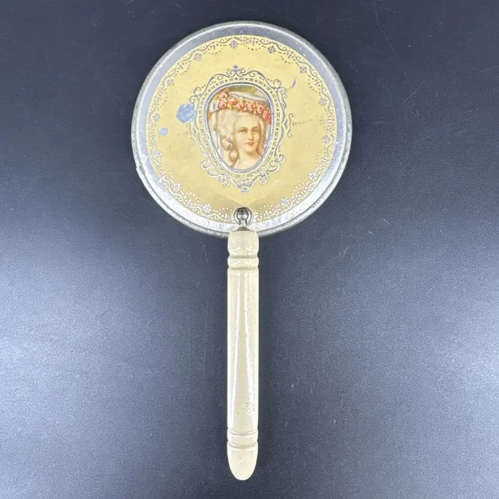 Vtg 1920's French Hand Held Round Vanity Mirror Marie Antoinette Adjustable